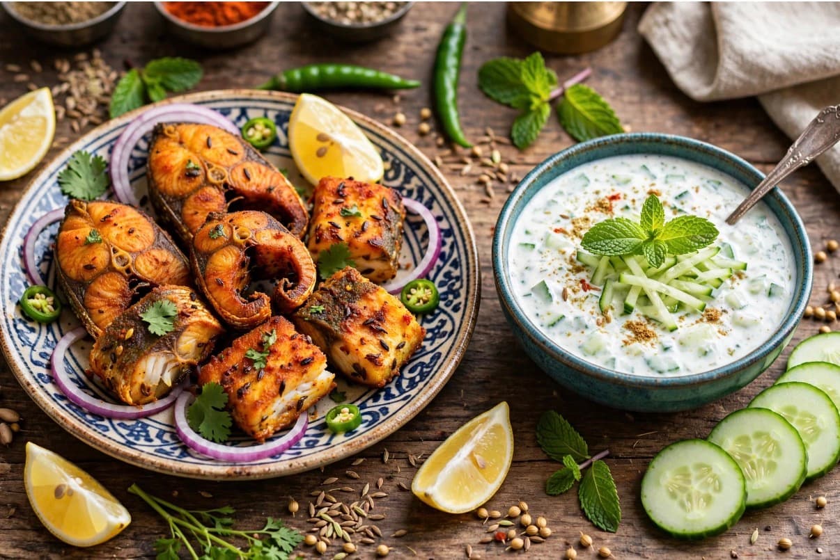 Amritsari fish tikka with cucumber-mint raita