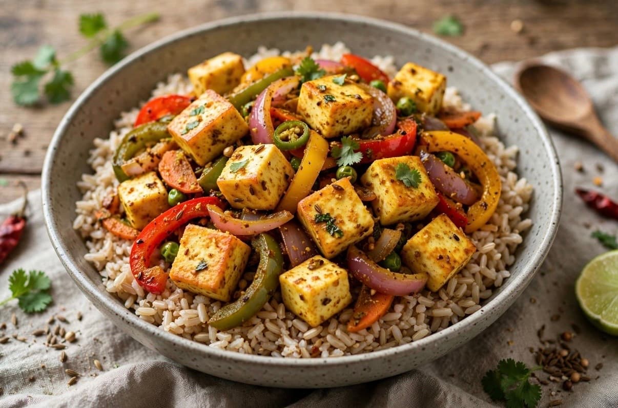 Paneer and spiced Vegetable Stir-Fry with Brown Rice