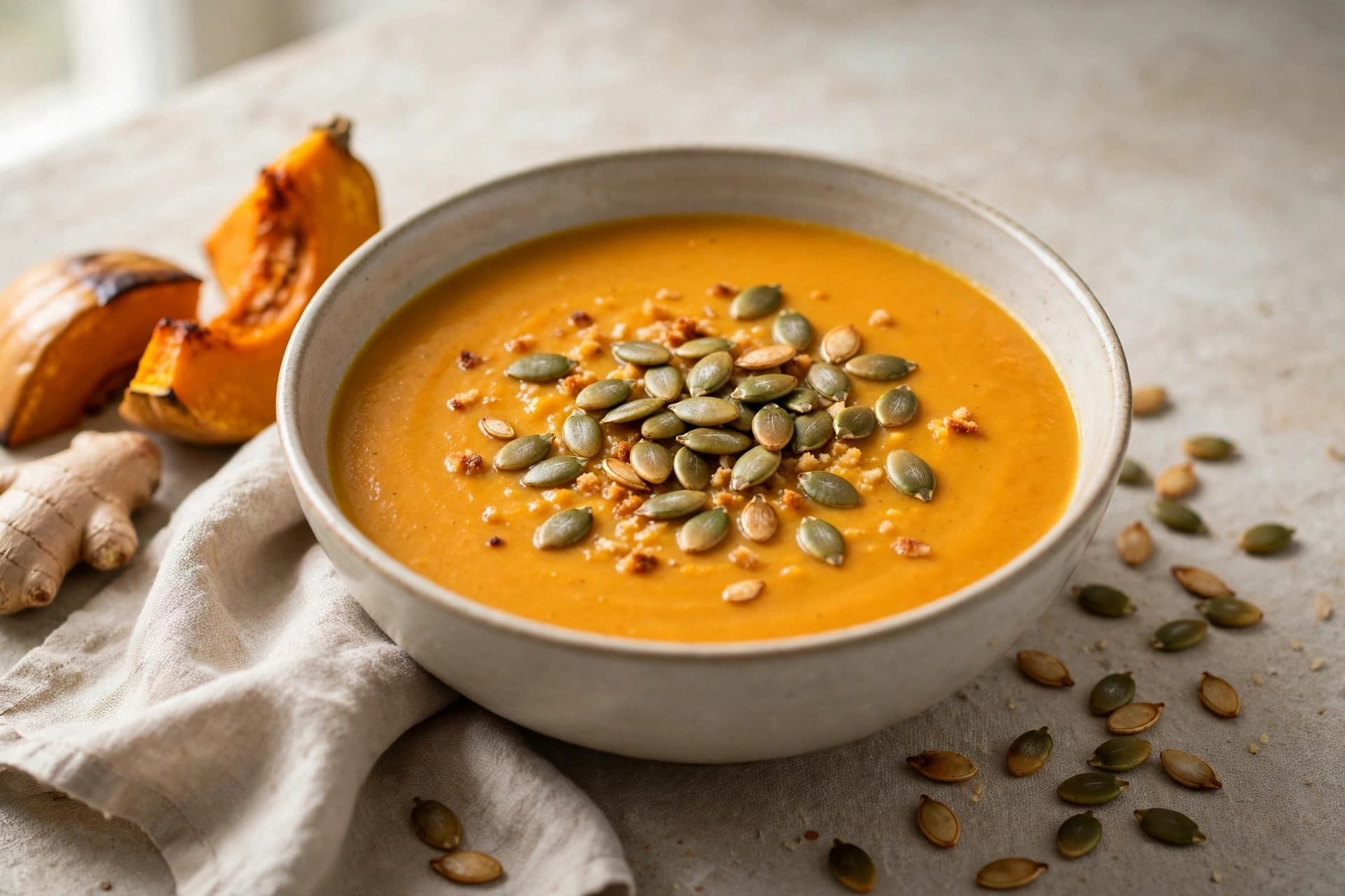 Roasted Pumpkin and Ginger Soup with Toasted Pumpkin Seeds