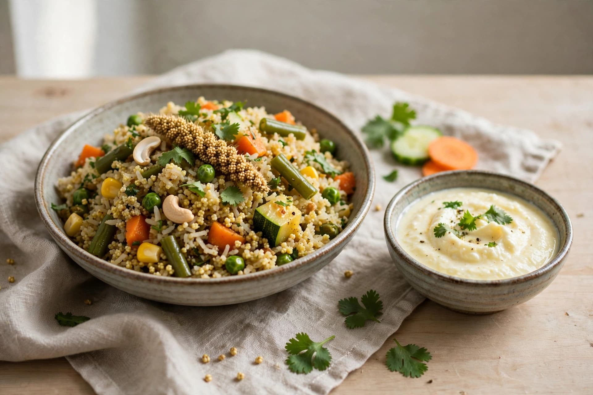 Foxtail Pulao with mixed vegetables and curd