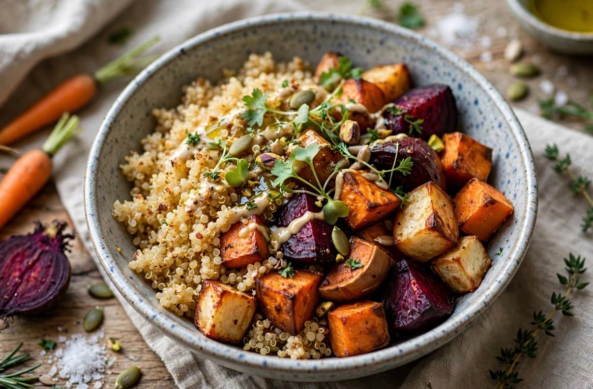 Toasted Quinoa and Roasted Root Vegetable Bowl