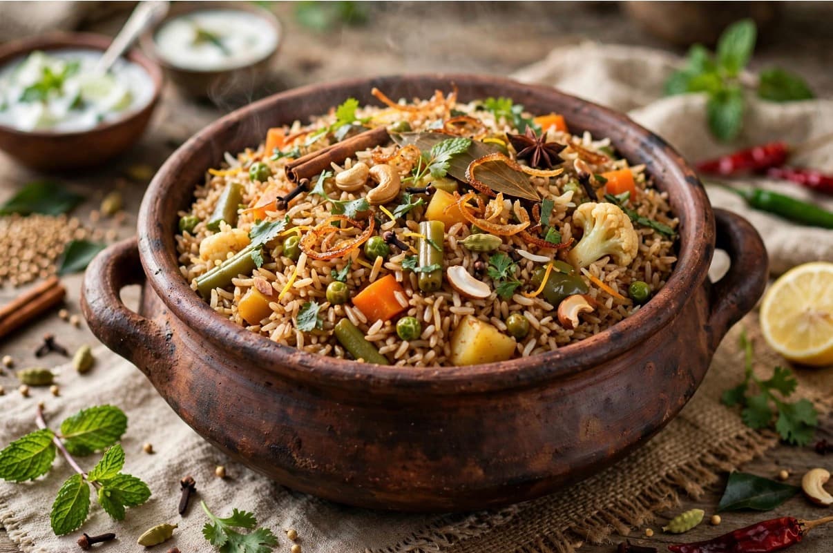Hyderabadi vegetable dum biryani (brown rice version)