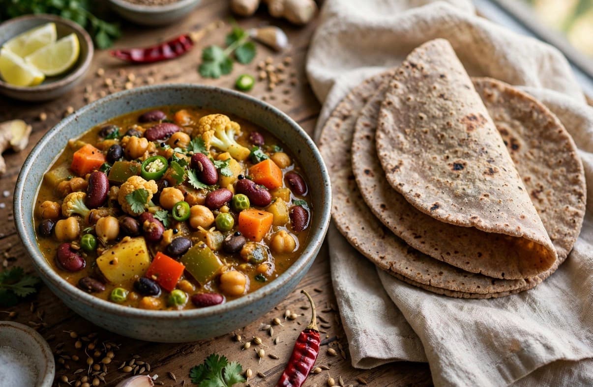 Mixed Bean and Vegetable Curry with Jowar Roti