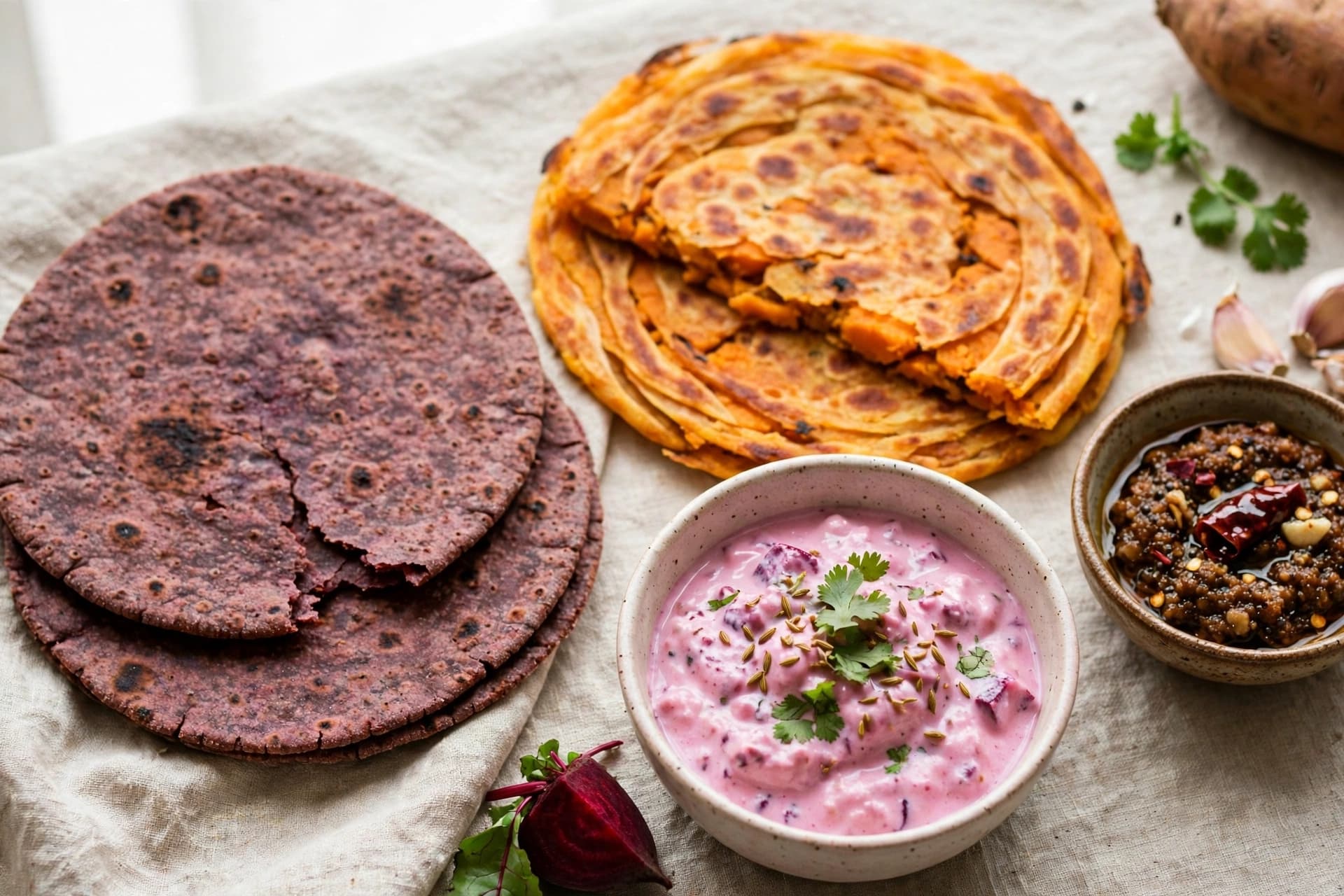 Amaranth roti and sweet potato paratha wth beetroot curd and garlic chutney