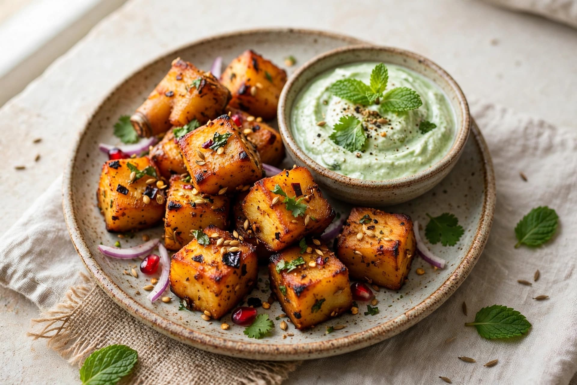 Roasted Yam (Suran) with Chaat Masala Bites & Mint Yogurt Dip