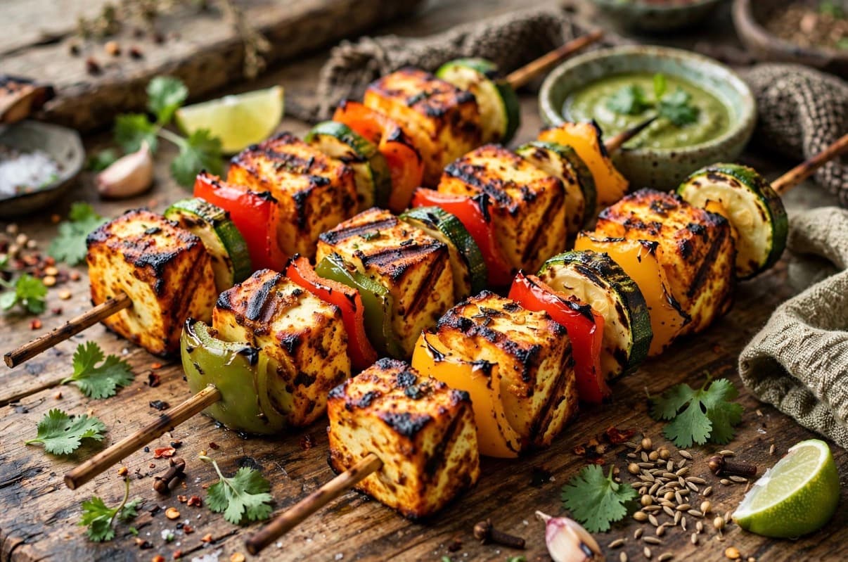 Grilled Paneer with Bell peppers and Zucchini Skewers