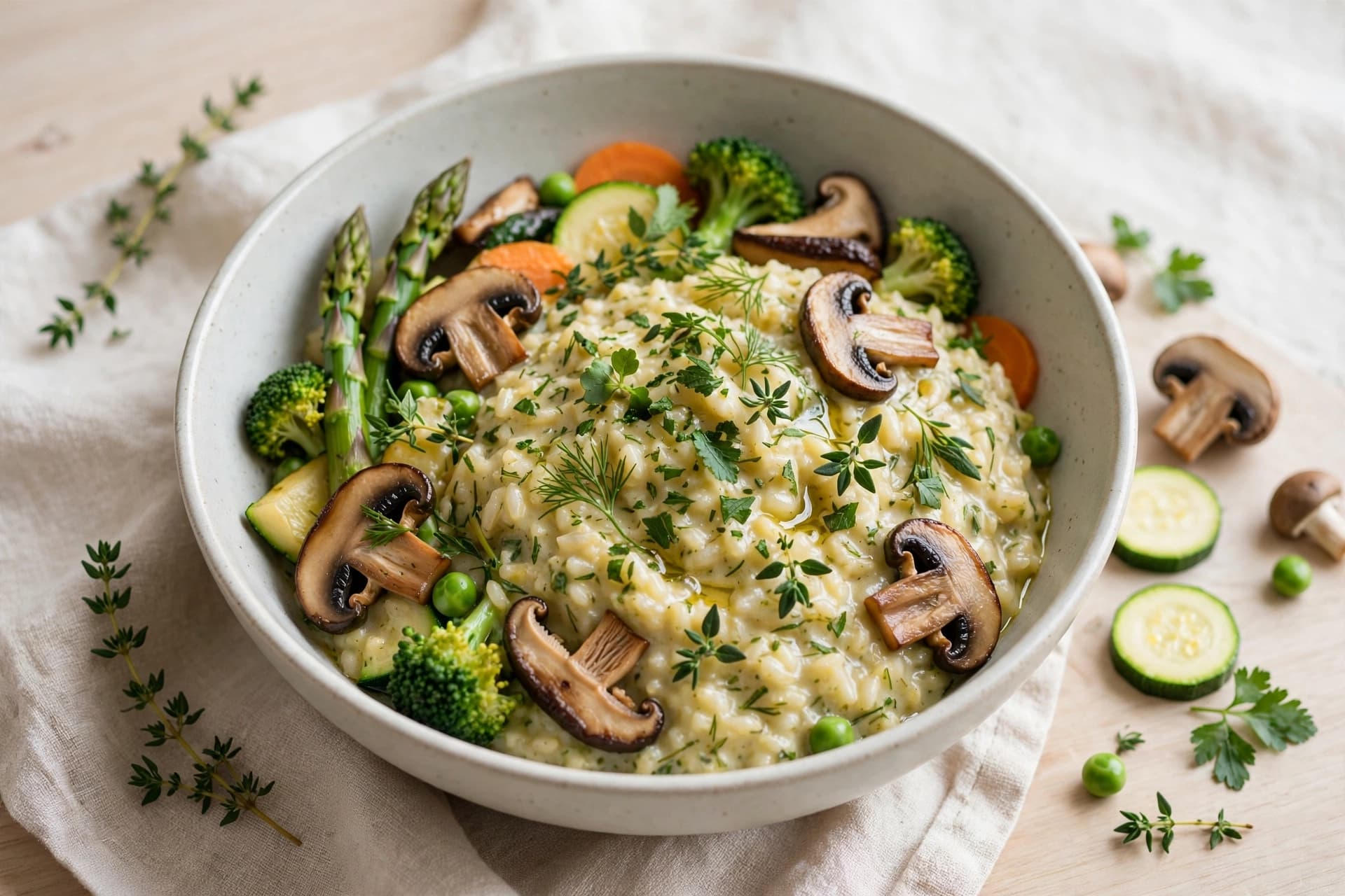 Herbed Millet Risotto with Steamed Seasonal Vegetables and Mushrooms