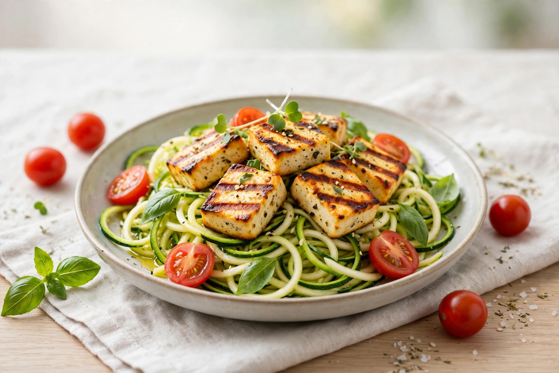 Zucchini noodles with grilled paneer