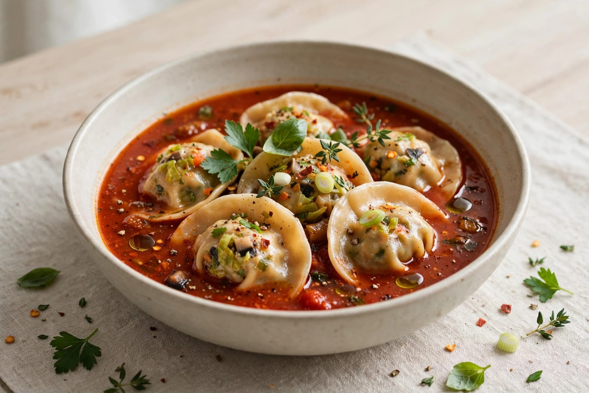 Vegetable dumplings in spiced tomato broth